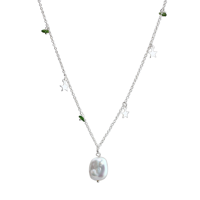 925 Sterling Silver Baroque Pearl Gemstone And Shiny Star Charm Necklace