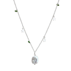925 Sterling Silver Baroque Pearl Gemstone And Shiny Star Charm Necklace