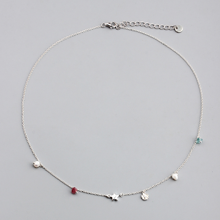 925 Sterling Silver Gemstone And Pearl Star Charm Necklace
