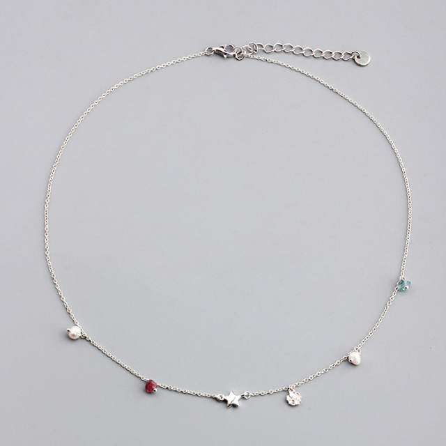 925 Sterling Silver Gemstone And Pearl Star Charm Necklace
