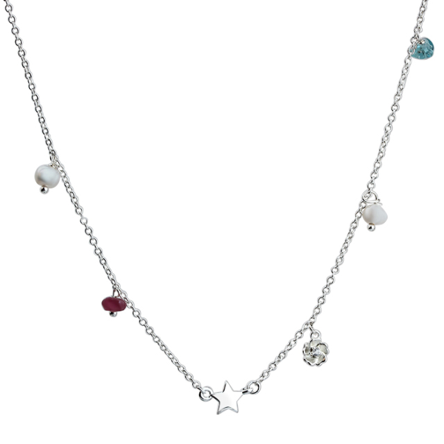 925 Sterling Silver Gemstone And Pearl Star Charm Necklace