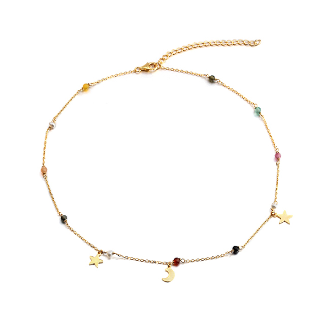 925 Sterling Silver Colorful Gemstone Pearl Shiny Moon Star Charm Necklace