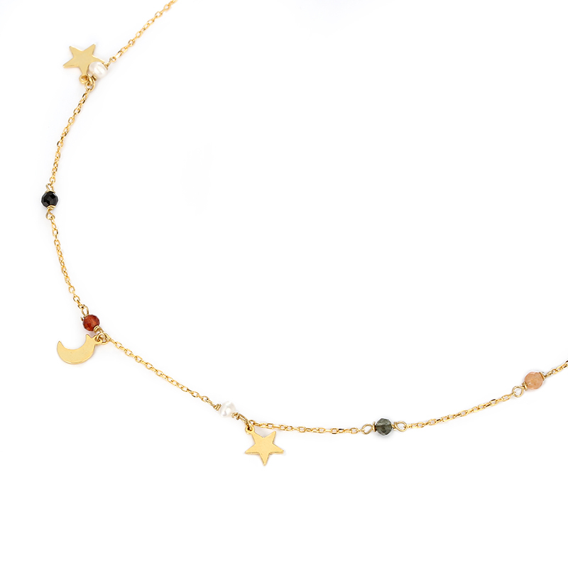 925 Sterling Silver Colorful Gemstone Pearl Shiny Moon Star Charm Necklace