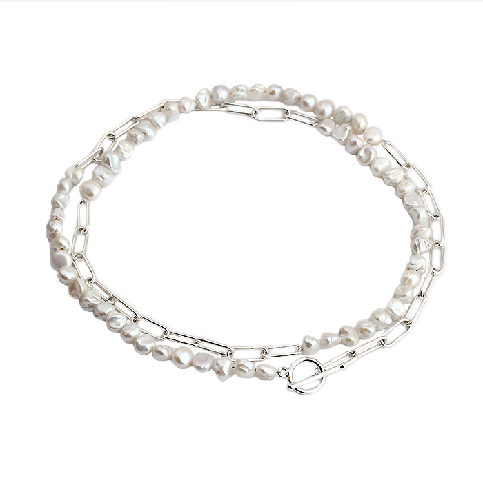 925 Sterling Silver Paperclip Chain Baroque Pearl Long Necklace