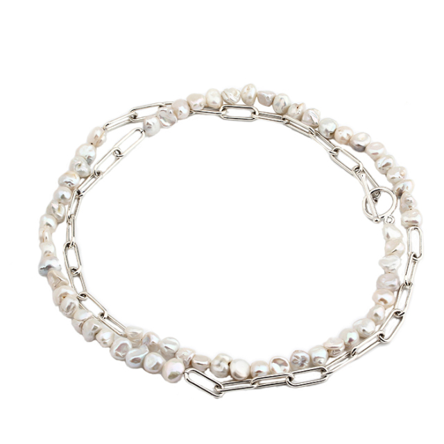 925 Sterling Silver Paperclip Chain Baroque Pearl Long Necklace