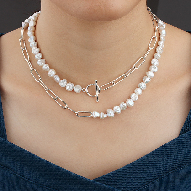 925 Sterling Silver Paperclip Chain Baroque Pearl Long Necklace