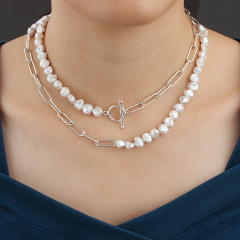 925 Sterling Silver Paperclip Chain Baroque Pearl Long Necklace