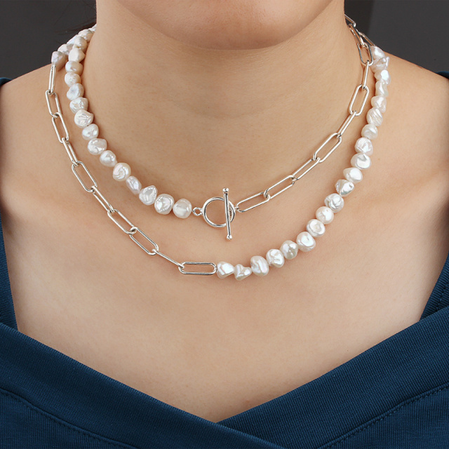 925 Sterling Silver Paperclip Chain Baroque Pearl Long Necklace