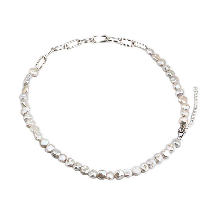 925 Sterling Silver Paperclip Chain Baroque Pearl Fashion Necklace