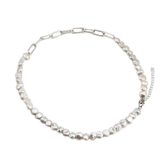 925 Sterling Silver Paperclip Chain Baroque Pearl Fashion Necklace