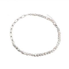 925 Sterling Silver Paperclip Chain Baroque Pearl Fashion Necklace