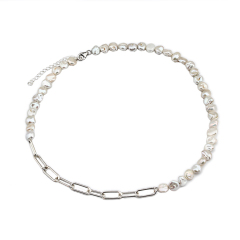 925 Sterling Silver Paperclip Chain Baroque Pearl Fashion Necklace