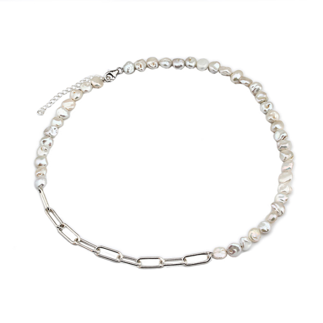 925 Sterling Silver Paperclip Chain Baroque Pearl Fashion Necklace