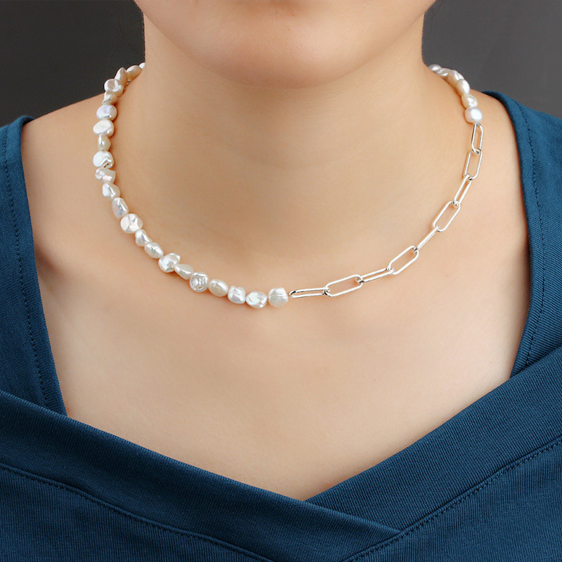 925 Sterling Silver Paperclip Chain Baroque Pearl Fashion Necklace