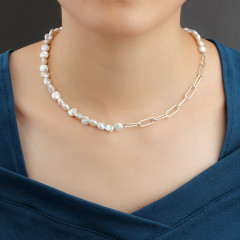 925 Sterling Silver Paperclip Chain Baroque Pearl Fashion Necklace