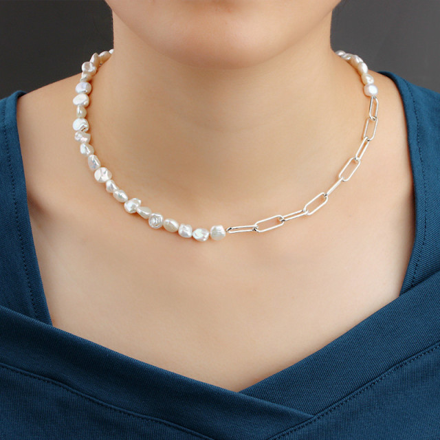 925 Sterling Silver Paperclip Chain Baroque Pearl Fashion Necklace