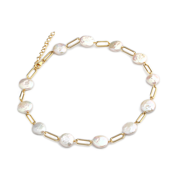925 Sterling Silver Button Baroque Pearl With Paparclip Chain Necklace