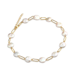 925 Sterling Silver Button Baroque Pearl With Paparclip Chain Necklace