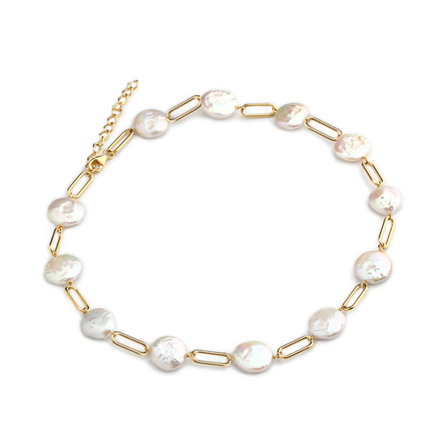 925 Sterling Silver Button Baroque Pearl With Paparclip Chain Necklace
