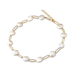 925 Sterling Silver Button Baroque Pearl With Paparclip Chain Necklace