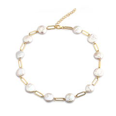 925 Sterling Silver Button Baroque Pearl With Paparclip Chain Necklace