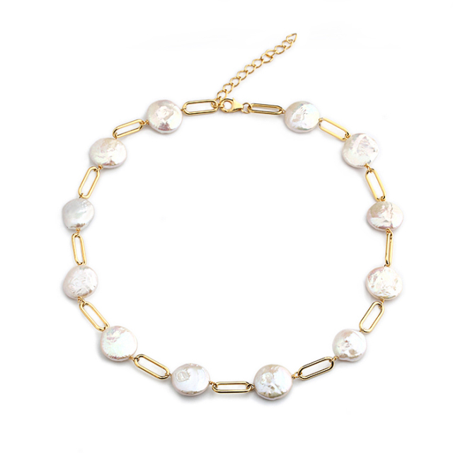 925 Sterling Silver Button Baroque Pearl With Paparclip Chain Necklace