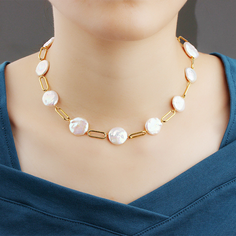 925 Sterling Silver Button Baroque Pearl With Paparclip Chain Necklace