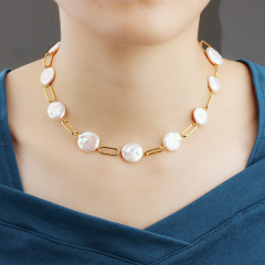 925 Sterling Silver Button Baroque Pearl With Paparclip Chain Necklace