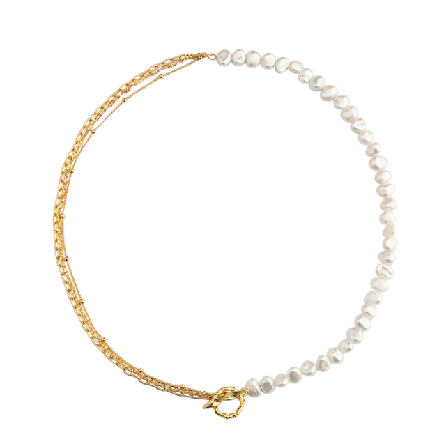 925 Sterling Silver Layered Chain Baroque Pearl Necklace