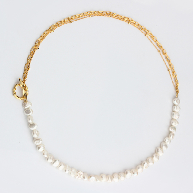 925 Sterling Silver Layered Chain Baroque Pearl Necklace