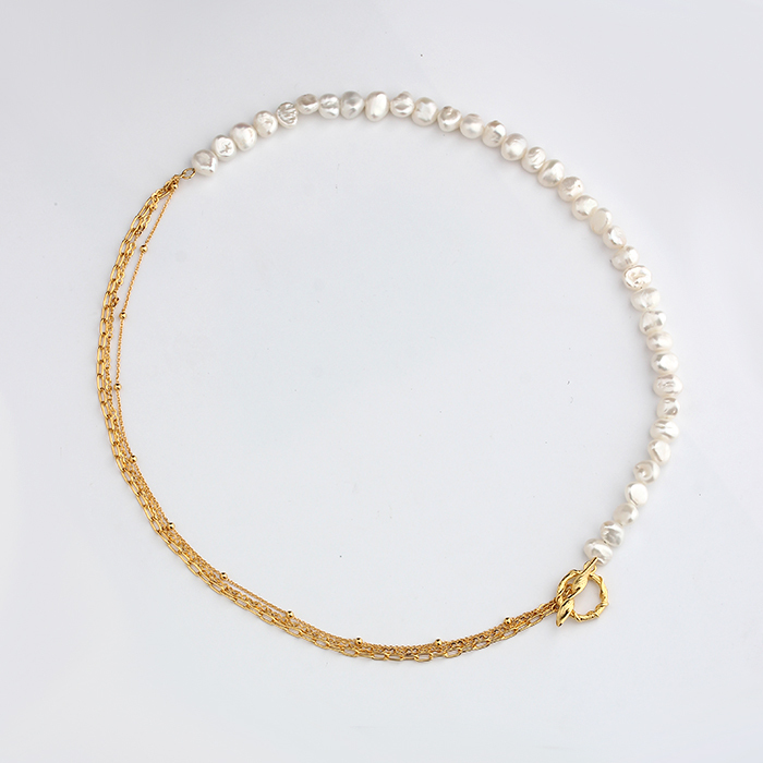 925 Sterling Silver Layered Chain Baroque Pearl Necklace