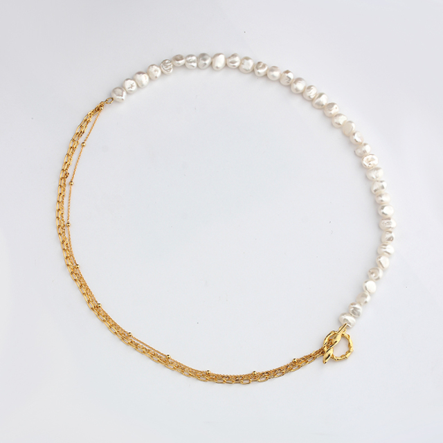 925 Sterling Silver Layered Chain Baroque Pearl Necklace