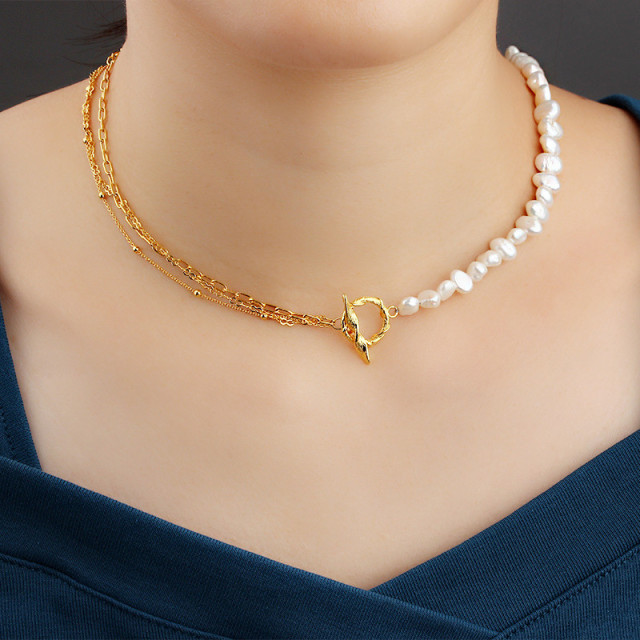 925 Sterling Silver Layered Chain Baroque Pearl Necklace