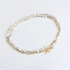 925 Sterling Silver Baroque Pearl With Long Link Paperclip Toggle Clasp Necklace