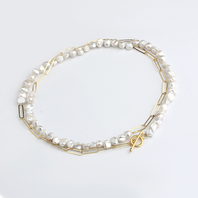 925 Sterling Silver Baroque Pearl With Long Link Paperclip Toggle Clasp Necklace