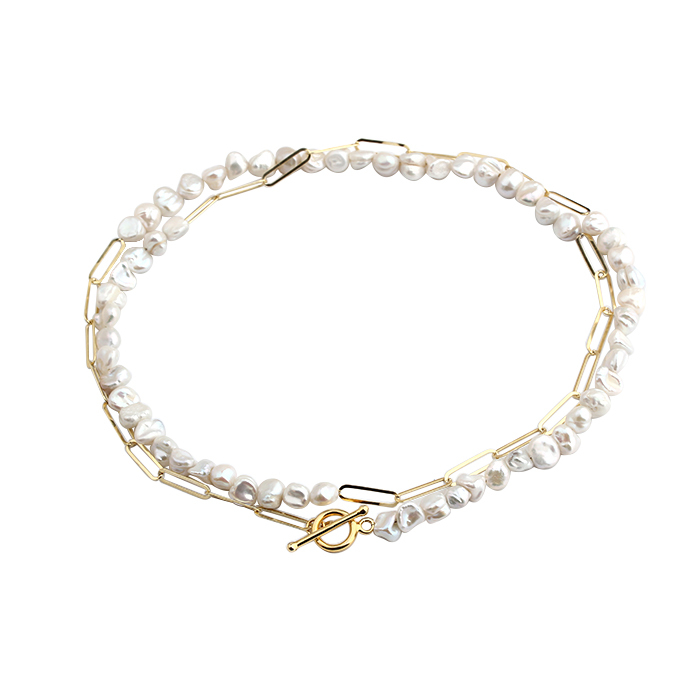 925 Sterling Silver Baroque Pearl With Long Link Paperclip Toggle Clasp Necklace