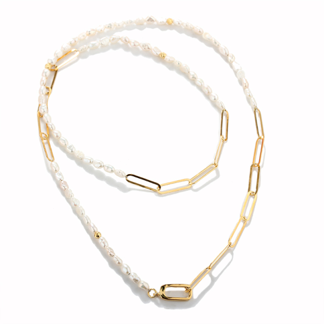 925 Sterling Silver  Pearl Long Necklace With Link Clasp