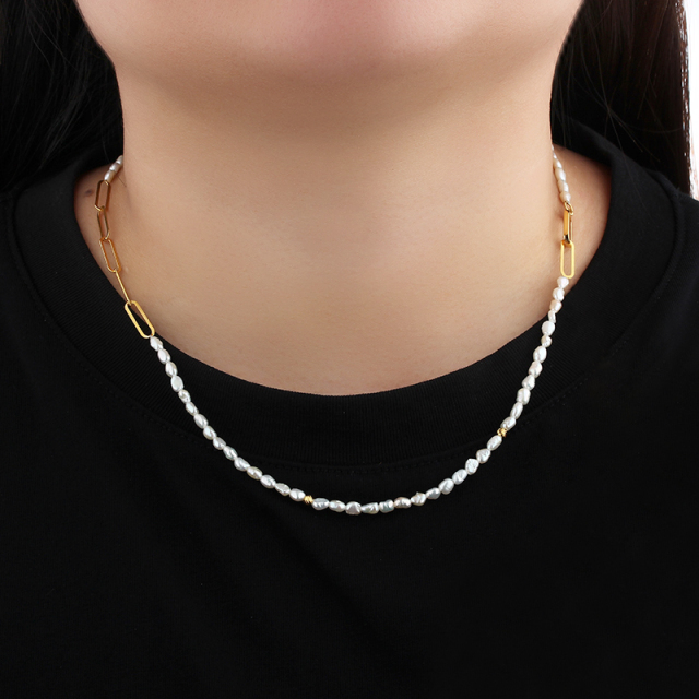 925 Sterling Silver  Pearl Long Necklace With Link Clasp