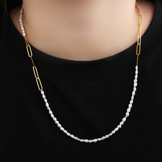 925 Sterling Silver  Pearl Long Necklace With Link Clasp