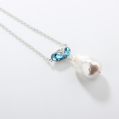 925 Sterling Silver Drop Crystal And Baroque Necklace