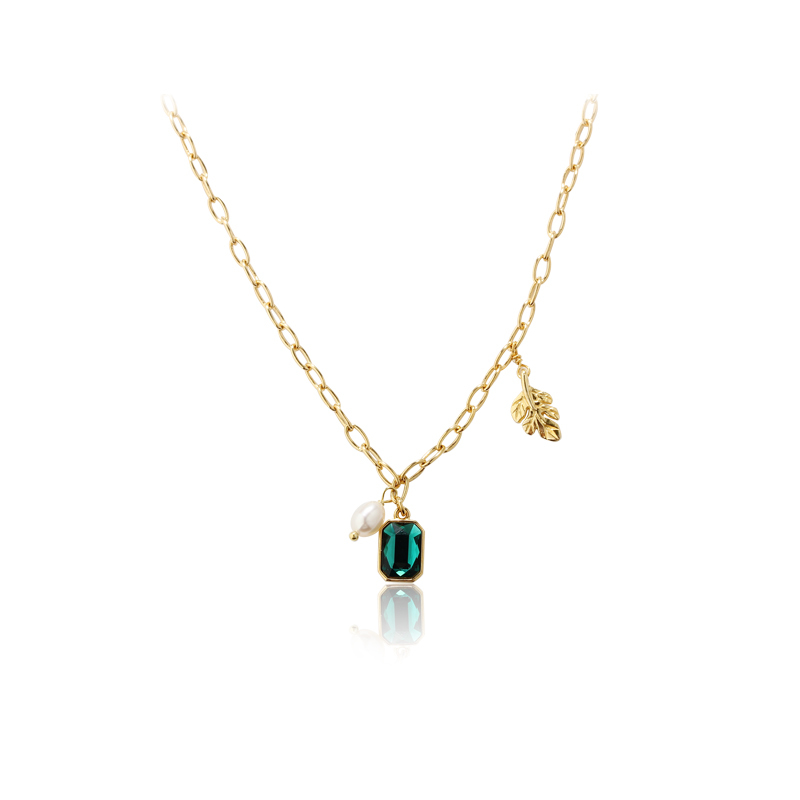 925 Sterling Silver Crystal And Pearl Long Cable Chain Leaf Necklace
