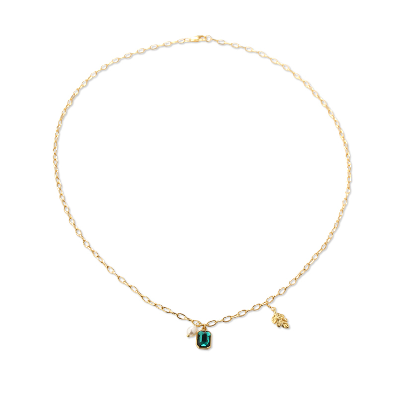925 Sterling Silver Crystal And Pearl Long Cable Chain Leaf Necklace