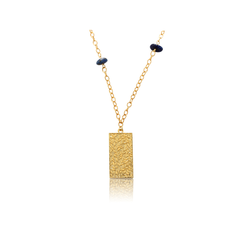 925 Sterling Silver Handmade Hammered Surface Pendant And Flat Lazurite Necklace