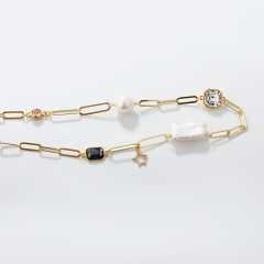 925 Sterling Silver Long Cable Chain And Baroque Pearl Crystal Necklace