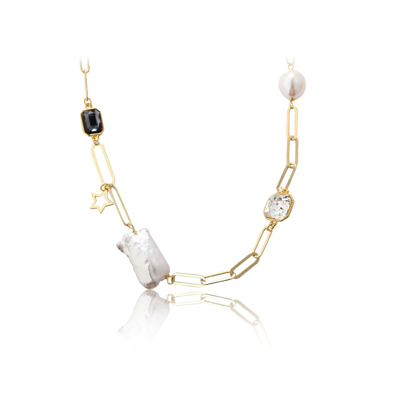 925 Sterling Silver Long Cable Chain And Baroque Pearl Crystal Necklace
