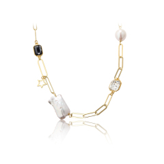 925 Sterling Silver Long Cable Chain And Baroque Pearl Crystal Necklace