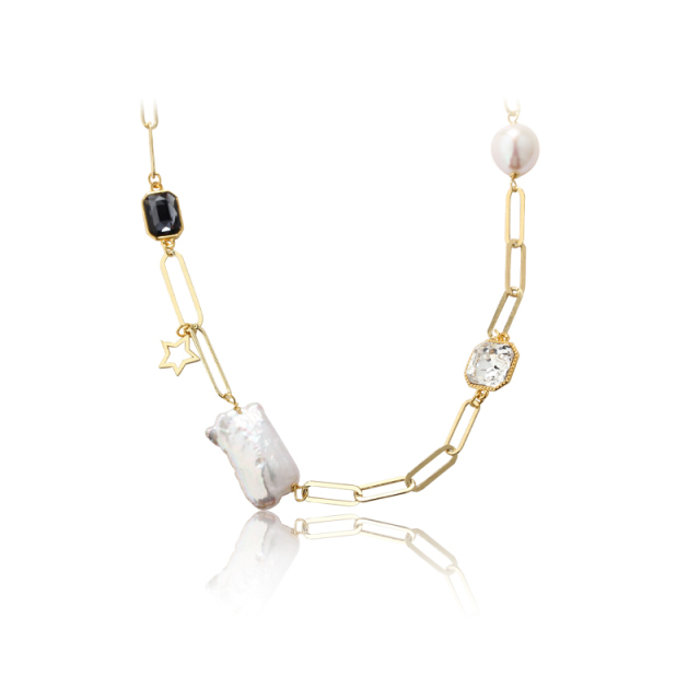 925 Sterling Silver Long Cable Chain And Baroque Pearl Crystal Necklace