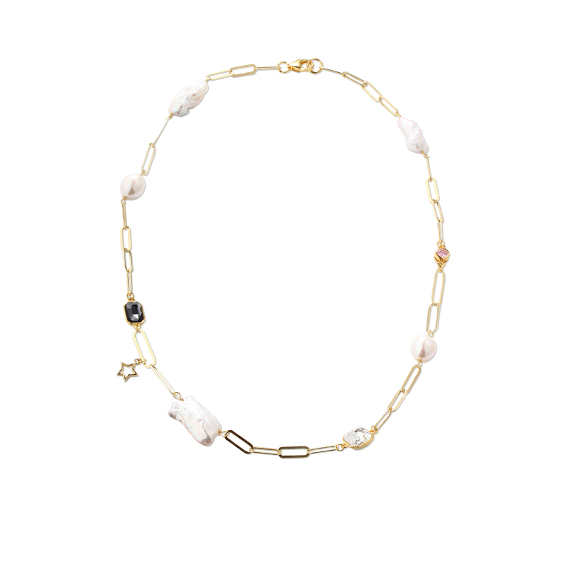 925 Sterling Silver Long Cable Chain And Baroque Pearl Crystal Necklace