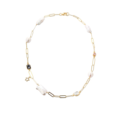 925 Sterling Silver Long Cable Chain And Baroque Pearl Crystal Necklace