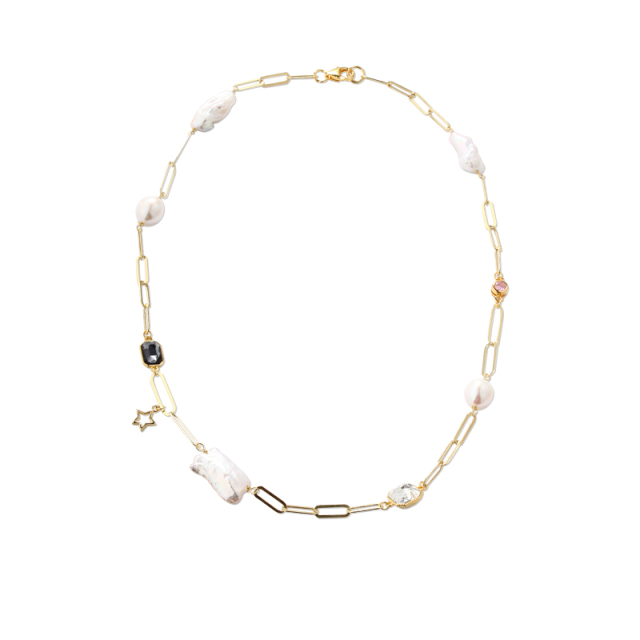 925 Sterling Silver Long Cable Chain And Baroque Pearl Crystal Necklace